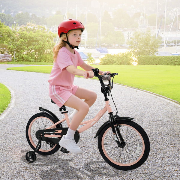 Adjustable 12-inch pink kids bike with removable training wheels for ages 3-8, viewed at a 32-degree angle.