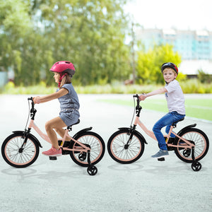 12-inch pink kids bike with adjustable seat and removable training wheels for ages 3-8, angled view.
