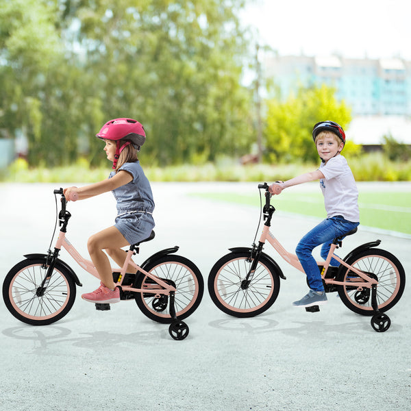 12-inch pink kids bike with adjustable seat and removable training wheels for ages 3-8, angled view.