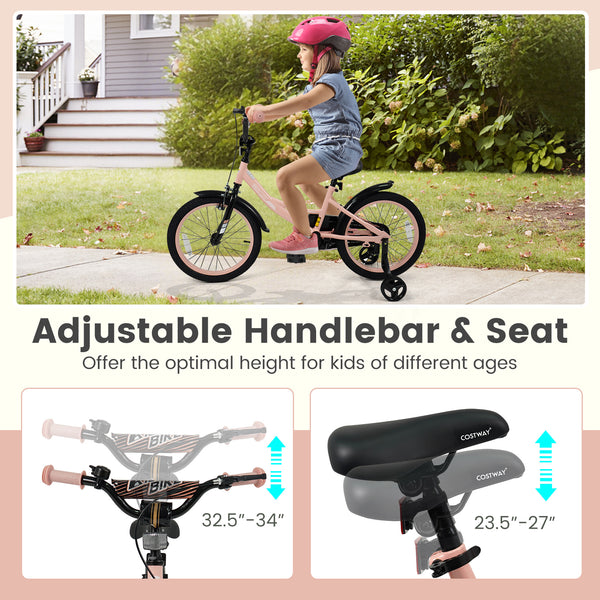 12-inch pink kids bike with adjustable seat and removable training wheels for ages 3-8, viewed at a 26-degree angle.