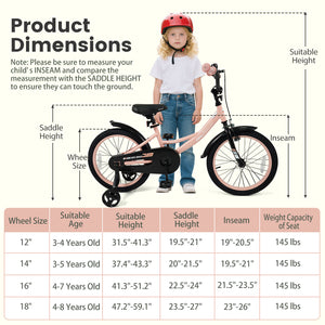 12-inch pink kids bike with adjustable seat and removable training wheels for ages 3-8, viewed at a 24-degree angle.