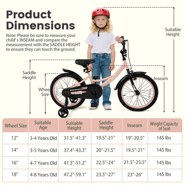 12-inch pink kids bike with adjustable seat and removable training wheels for ages 3-8, viewed at a 24-degree angle.