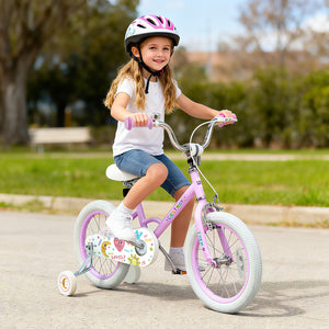 Purple 12-inch kids bike for ages 3-8, featuring stars and moon design, angled view showcasing adjustable features.