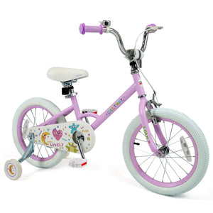 Purple 12-inch kids bike with stars and moon design, adjustable for children aged 3-8, viewed at angle 16.