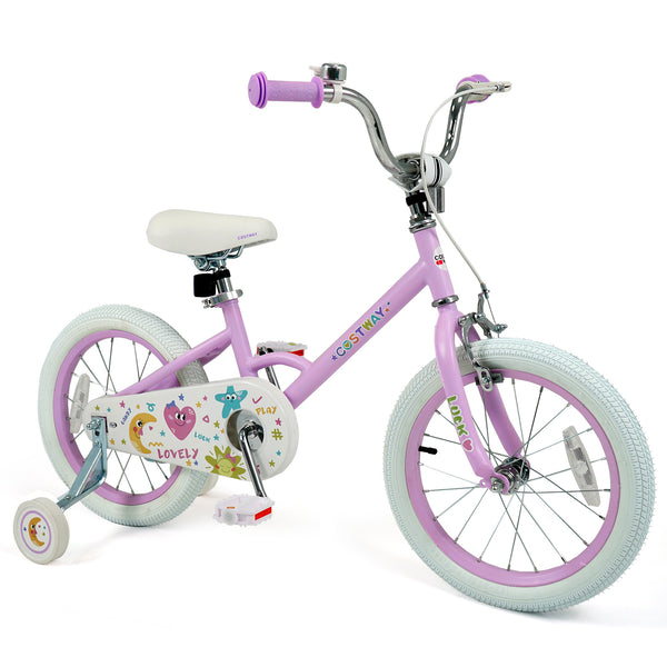 Purple 12-inch kids bike with stars and moon design, adjustable for children aged 3-8, viewed at angle 16.
