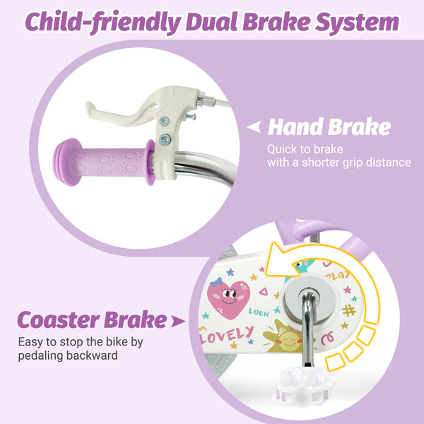 Purple 12-inch kids bike for ages 3-8, featuring stars and moon design, shown at a 18-degree angle.