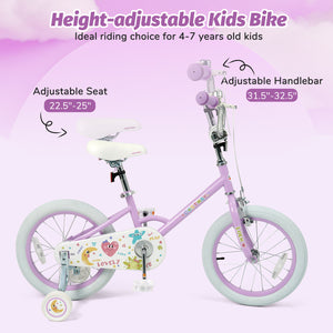 Purple 12-inch kids bike with stars and moon design, adjustable for children aged 3-8, shown at angle 19.