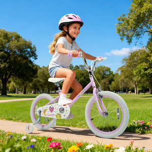 Purple 12-inch kids bike with stars and moon design, adjustable for children aged 3-8, angled view.