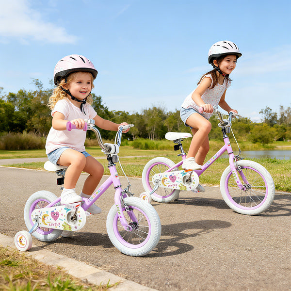 Purple 12-inch kids bike for ages 3-8, featuring stars and moon design, angled view.