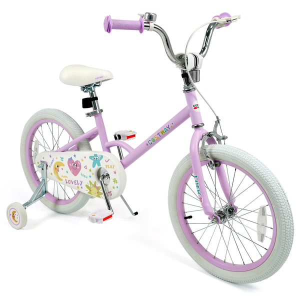 Purple 12-inch kids bike with stars and moon design, adjustable for children ages 3-8, angled view.