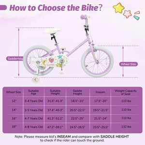 Purple 12-inch kids bike with stars and moon design, adjustable for children aged 3-8, angled view.