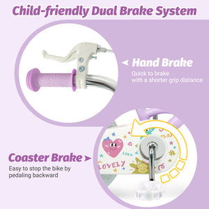 Purple 12-inch kids bike for ages 3-8 with stars and moon design, angled view showcasing adjustable features.