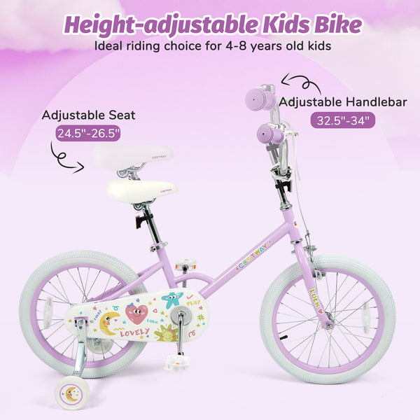 Purple 12-inch kids bike with stars and moon design, adjustable for children aged 3-8, angled view.