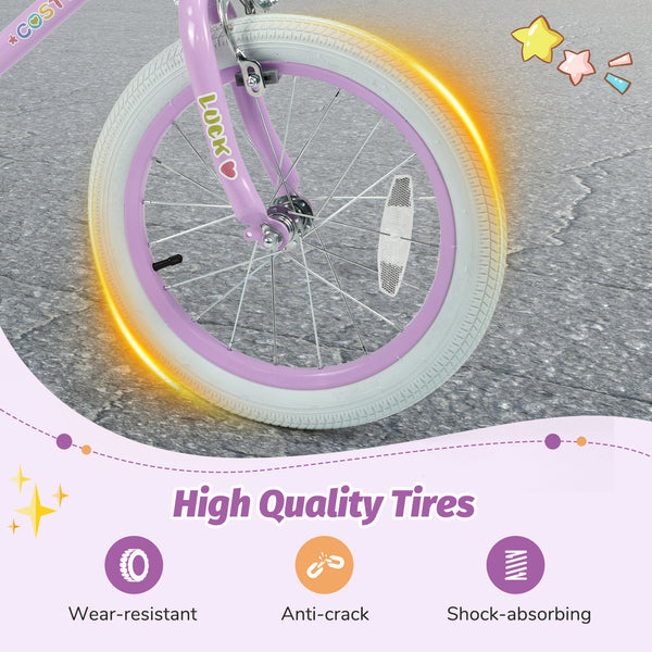 Purple 12-inch kids bike with stars and moon, adjustable for children aged 3-8, viewed at a 28-degree angle.