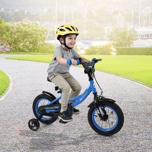 Navy kids bike with removable training wheels, adjustable seat, for ages 3-8, shown at a 25-degree angle.