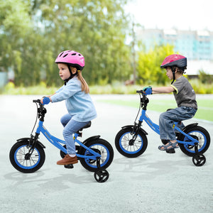 Navy kids bike with removable training wheels and adjustable seat for ages 3-8, shown at a 26-degree angle.