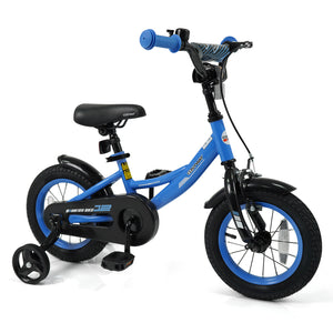 Navy kids bike with removable training wheels and adjustable seat for ages 3-8, shown at a 27-degree angle.