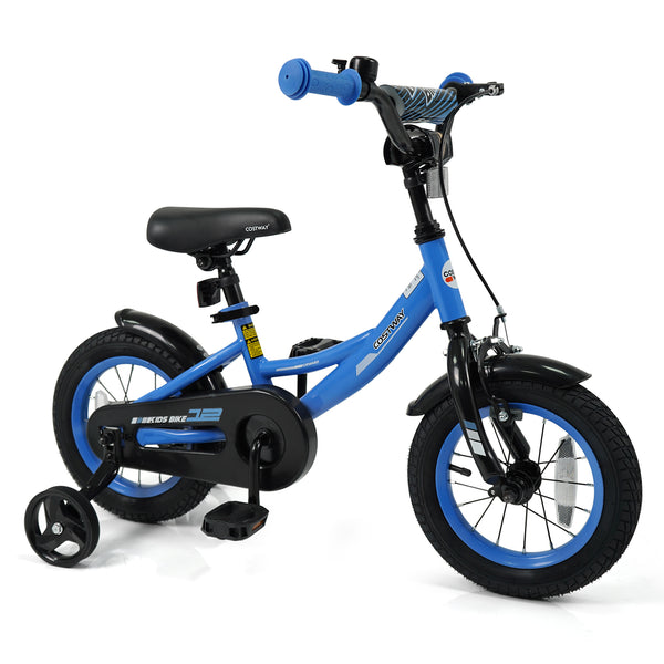 Navy kids bike with removable training wheels and adjustable seat for ages 3-8, shown at a 27-degree angle.