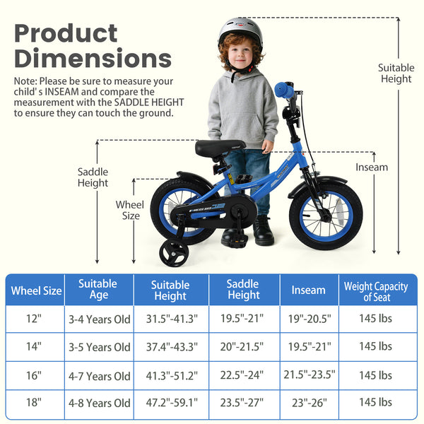 Navy kids bike with removable training wheels, adjustable seat, for ages 3-8, shown at angle 28.