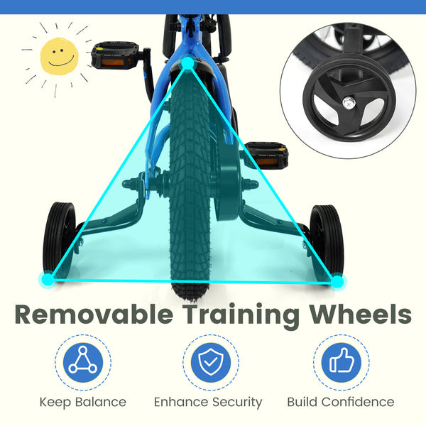 Navy kids bike with removable training wheels, adjustable seat for ages 3-8, shown at angle 31.