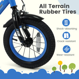Navy kids bike with removable training wheels and adjustable seat for ages 3-8, shown at a 32-degree angle.