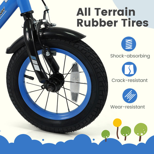 Navy kids bike with removable training wheels and adjustable seat for ages 3-8, shown at a 32-degree angle.