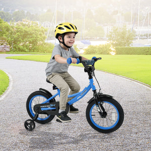 Navy kids bike with removable training wheels and adjustable seat for ages 3-8, available in 12/14/16/18 inches.