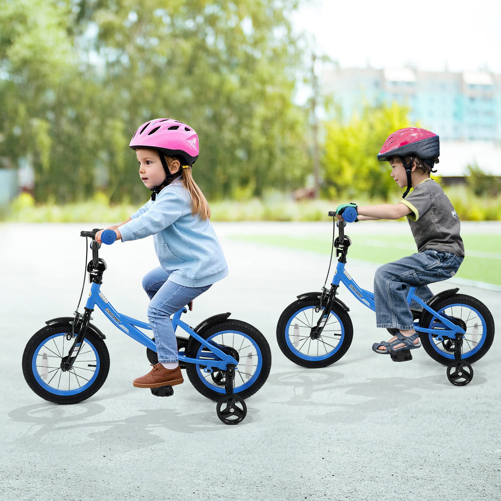 Navy kids bike with removable training wheels and adjustable seat for ages 3-8, available in 12/14/16/18 inches.