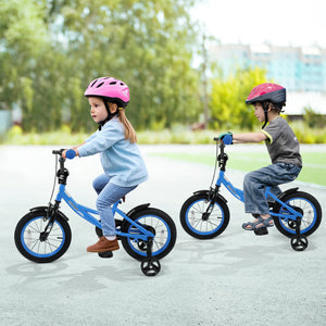 Navy kids bike with removable training wheels and adjustable seat for ages 3-8, shown from angle 2.