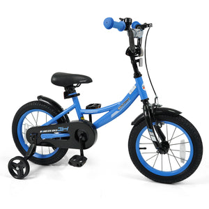 Navy kids bike with removable training wheels and adjustable seat for ages 3-8, shown from angle 3.