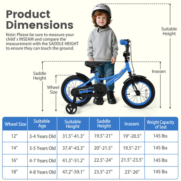Navy kids bike with removable training wheels and adjustable seat for ages 3-8, shown from angle 4.