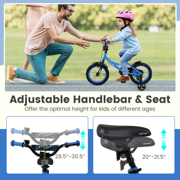 Navy kids bike with removable training wheels and adjustable seat, perfect for ages 3-8, shown at angle 6.