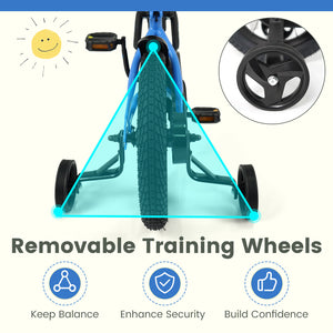 Navy kids bike with removable training wheels and adjustable seat for ages 3-8, 12/14/16/18 inches, angle view.