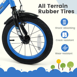 Navy kids bike with removable training wheels, adjustable seat, 12-18 inches, for ages 3-8, shown at angle 8.