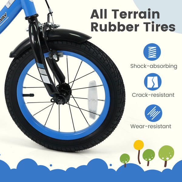 Navy kids bike with removable training wheels, adjustable seat, 12-18 inches, for ages 3-8, shown at angle 8.