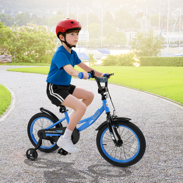 Navy kids bike with removable training wheels, adjustable seat, 12-18 inches, for ages 3-8, shown at angle 9.