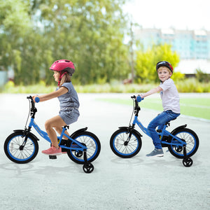 Navy kids bike with removable training wheels, adjustable seat, for ages 3-8, shown at angle 10.