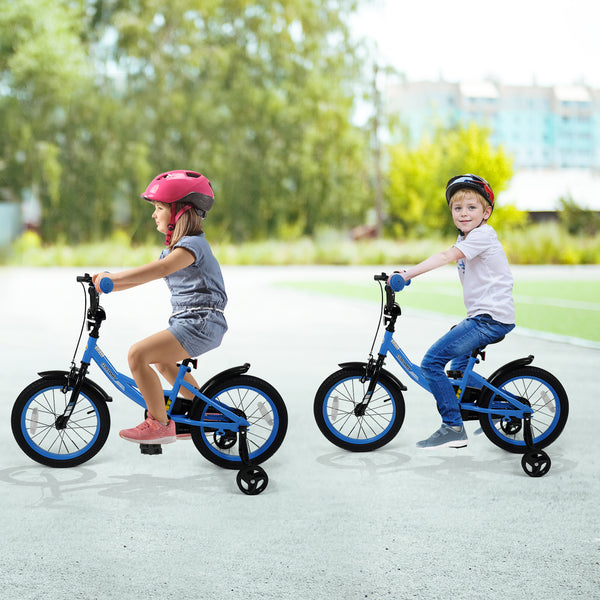 Navy kids bike with removable training wheels, adjustable seat, for ages 3-8, shown at angle 10.