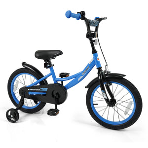 Navy kids bike with removable training wheels and adjustable seat for ages 3-8, shown at angle 11.
