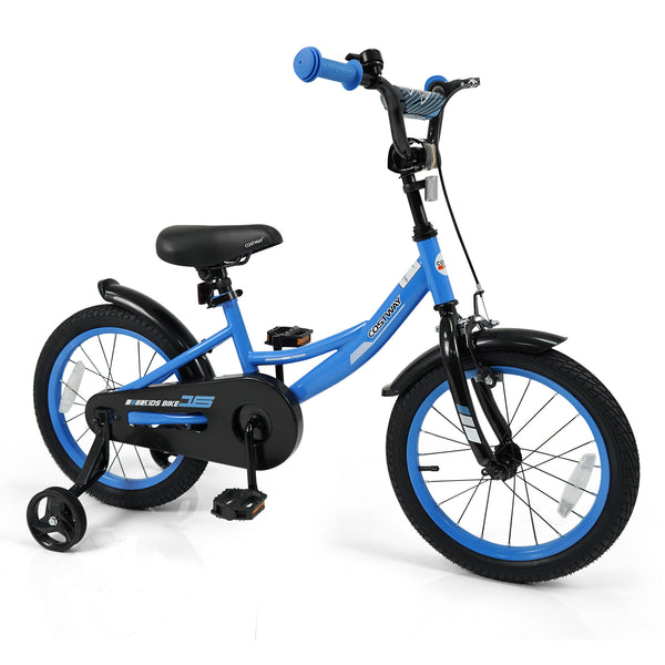 Navy kids bike with removable training wheels and adjustable seat for ages 3-8, shown at angle 11.
