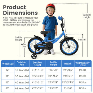 Navy kids bike with removable training wheels, adjustable seat, 12-18 inches, for ages 3-8, shown at angle 12.