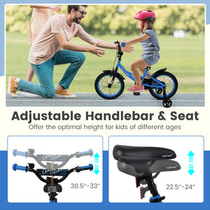 Navy kids bike with removable training wheels, adjustable seat for ages 3-8, 12-18 inches, angle view.