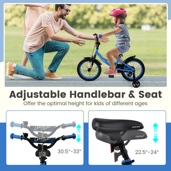 Navy kids bike with removable training wheels, adjustable seat for ages 3-8, 12-18 inches, angle view.