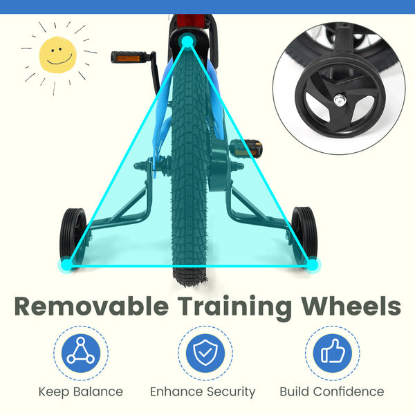 Navy kids bike with removable training wheels, adjustable seat, 12-18 inches for ages 3-8, shown at a 15-degree angle.
