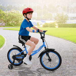Navy kids bike with removable training wheels and adjustable seat for ages 3-8, shown at angle 17.