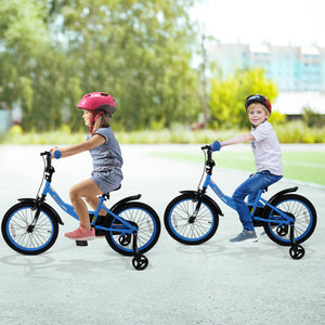 Navy kids bike with removable training wheels, adjustable seat, for ages 3-8, shown at angle 18.