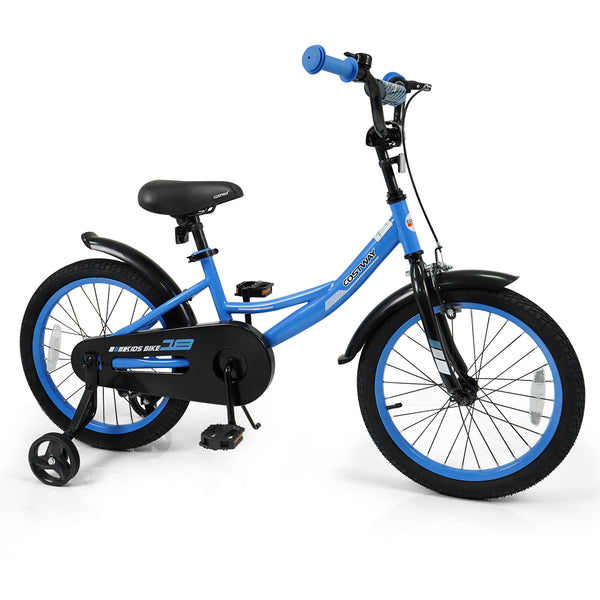 Navy kids bike with removable training wheels, adjustable seat for ages 3-8, 12/14/16/18 inches, angle view.