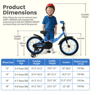 Navy kids bike with removable training wheels and adjustable seat for ages 3-8, shown at a 20-degree angle.