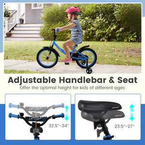Navy kids bike with removable training wheels and adjustable seat for ages 3-8, shown at a 22-degree angle.