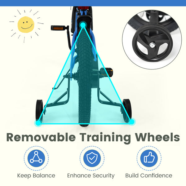 Navy kids bike with removable training wheels, adjustable seat for ages 3-8, shown at angle 23.